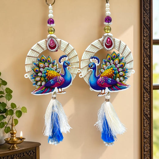 ✨ Royal Peacock Ring Door Hanging Pair with White & Blue Silk Tassels (SP-DH9)