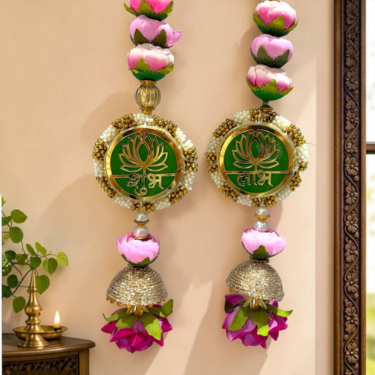 🪷 Designer Lotus Shubh Labh Medallion Door Side Hangings with Golden Jhumkis (Set of 2) | Code: SP-DH21