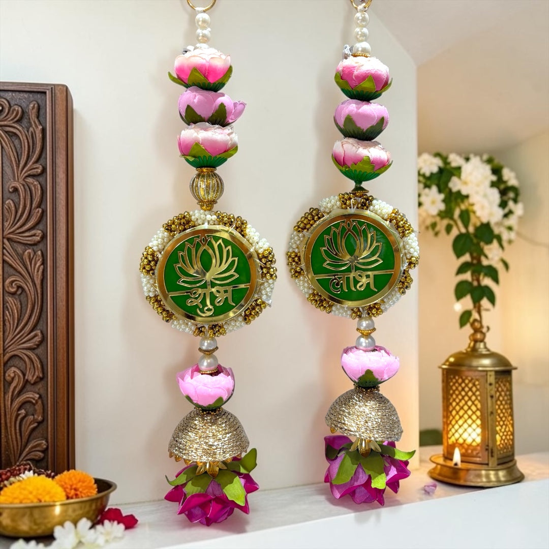 🪷 Designer Lotus Shubh Labh Medallion Door Side Hangings with Golden Jhumkis (Set of 2) | Code: SP-DH21