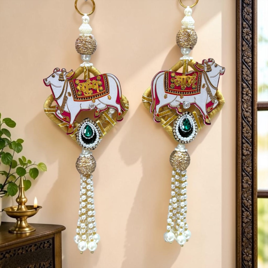 🐄 Royal Kamdhenu Cow Shubh Labh Diamond Frame Door Side Hangings (Set of 2) | Code: SP-DH6