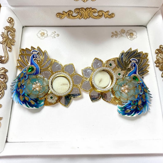 ✨ Royal 5.5" Peacock & Floral Meenakari Style Tealight Deepak (Pair / Set of 2) - SP-DH8