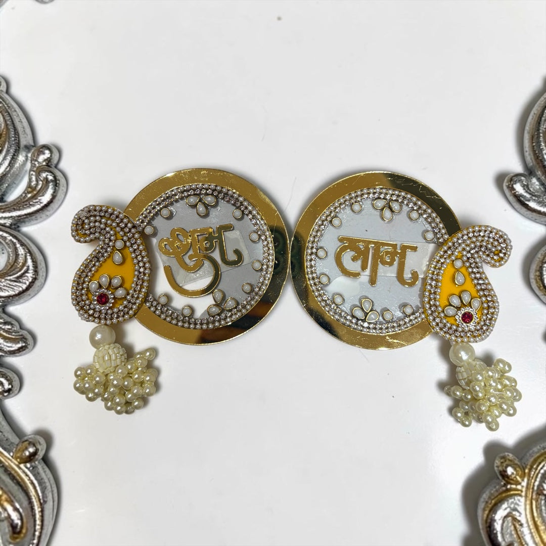 ✨ Royal Golden Acrylic Shubh Labh Hanging Pair with Paisley Motif & Pearl Jhumkis (SP-D20)