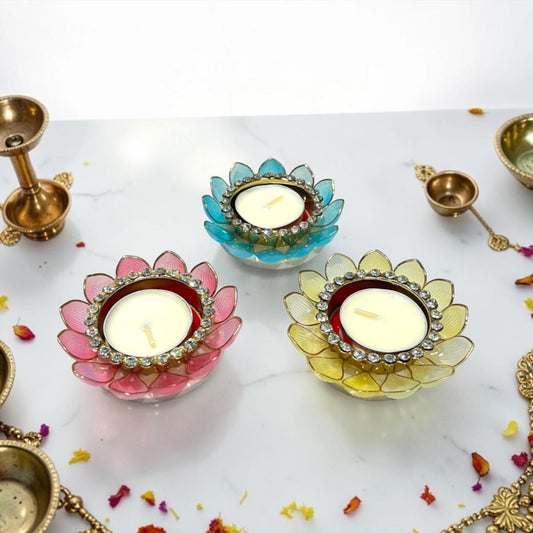 ✨ Premium 3" Lotus Design Crystal Stone Studded Tealight Deepak (Set of 3) - SP-DH28