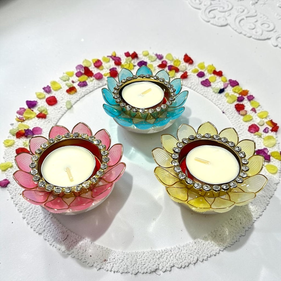 ✨ Premium 3" Lotus Design Crystal Stone Studded Tealight Deepak (Set of 3) - SP-DH28