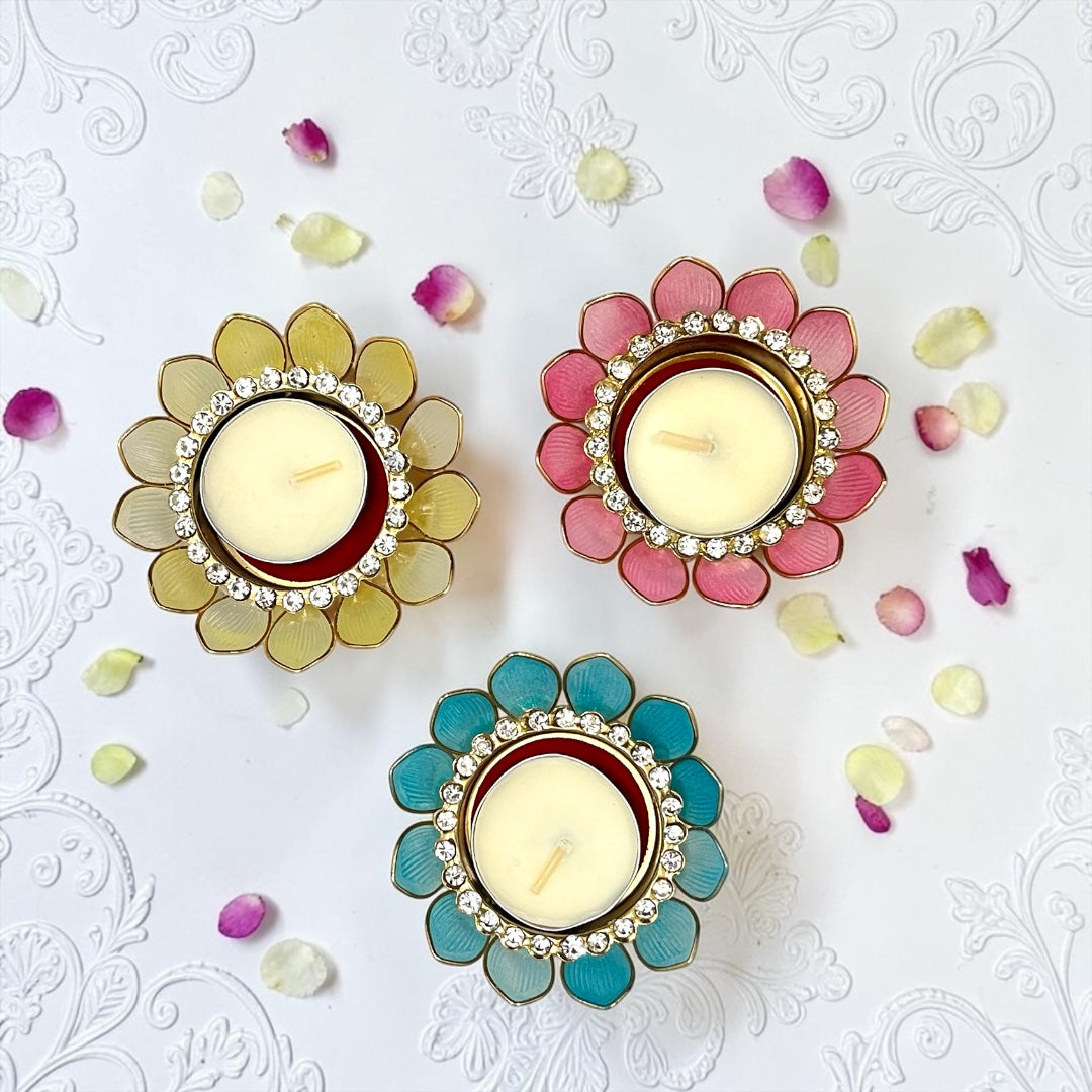 ✨ Premium 3" Lotus Design Crystal Stone Studded Tealight Deepak (Set of 3) - SP-DH28