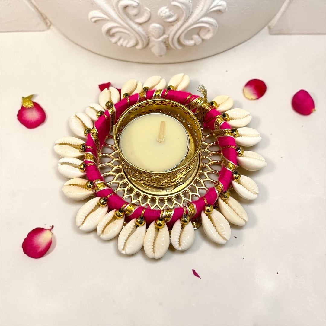 ✨ Eco-Ethnic 4" Handcrafted Cowrie Shell (Kaudi) & Thread Wrapped Tealight Deepak - SP-DH36