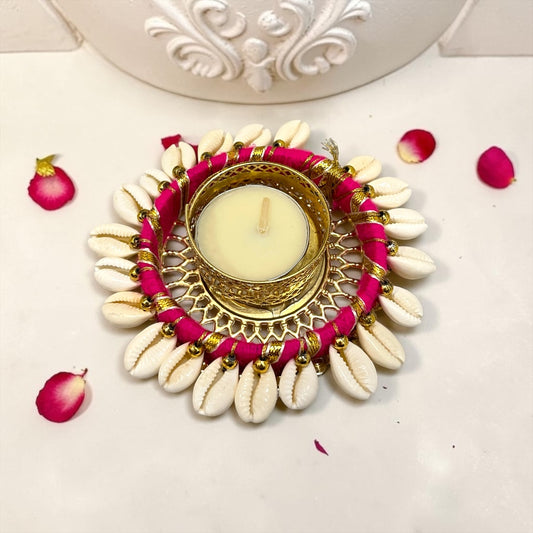 ✨ Eco-Ethnic 4" Handcrafted Cowrie Shell (Kaudi) & Thread Wrapped Tealight Deepak - SP-DH36