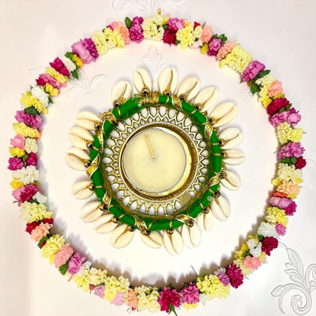 ✨ Eco-Ethnic 4" Handcrafted Cowrie Shell (Kaudi) & Thread Wrapped Tealight Deepak - SP-DH36