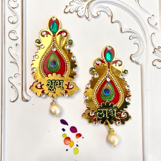 🦚 Royal Peacock Feather Shubh Labh Door Hangings (Set of 2) | Code: SP-DH38