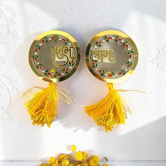 🪔 Golden Mirror Circular Shubh Labh Door Hangings with Sunshine Yellow Tassels DH-26 (Set of 2)