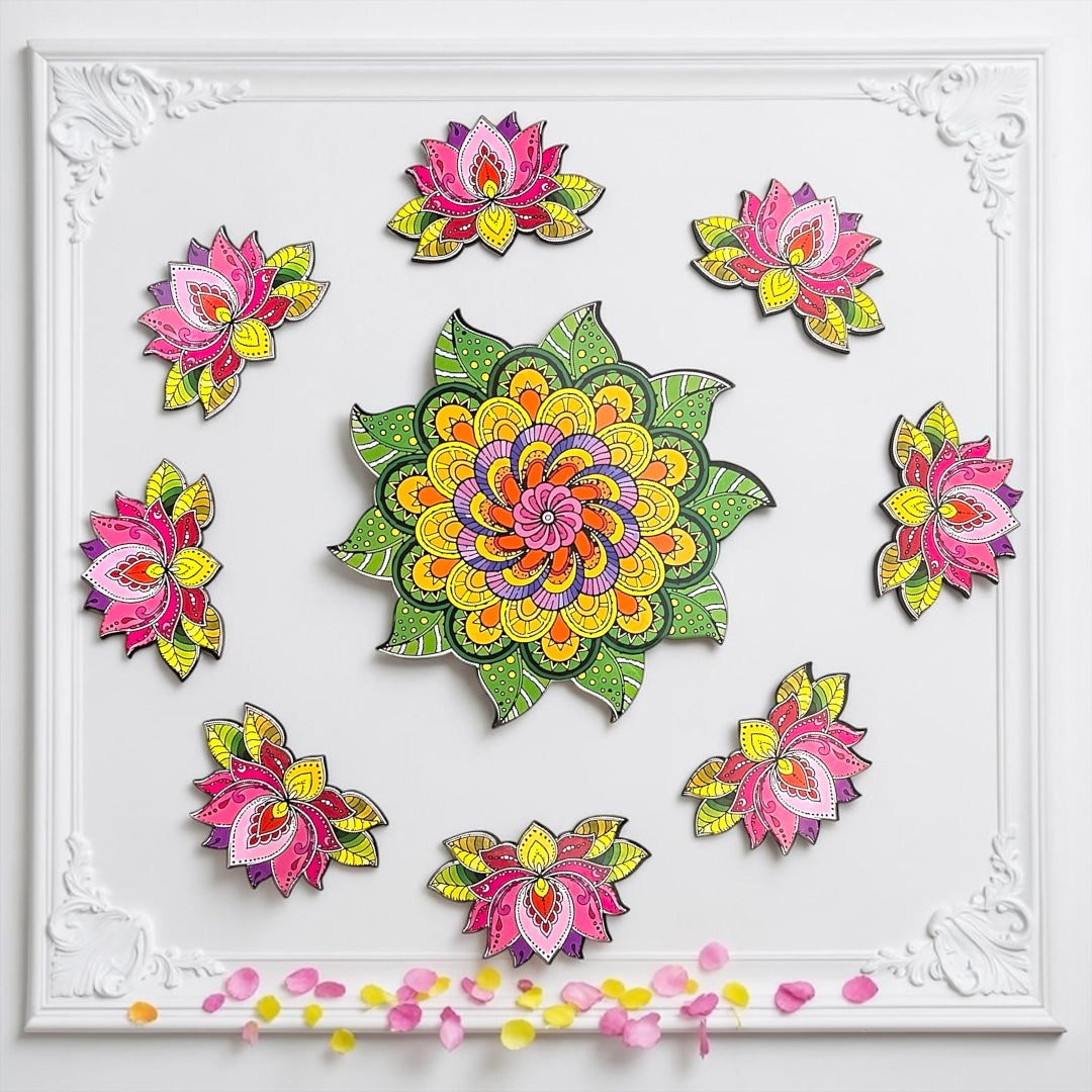 🪔 Elegant Pichwai Cow & Lotus MDF Rangoli Set (SP-DH37) - Reusable Festive Floor Decor
