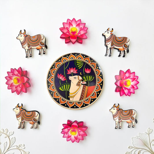 🪔 Elegant Pichwai Cow & Lotus MDF Rangoli Set (SP-DH37) - Reusable Festive Floor Decor