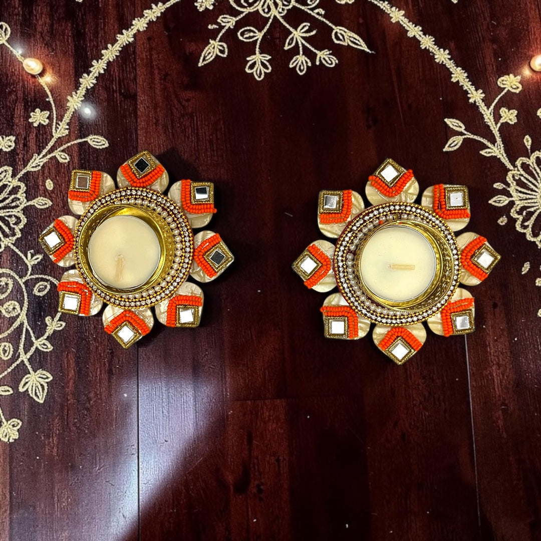 ✨ Handcrafted 4" Ethnic Mirror & Bead Studded Tealight Deepak - SP-DH17