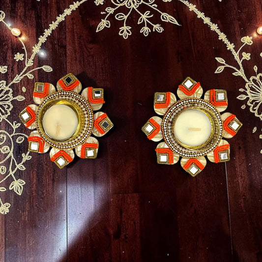 ✨ Handcrafted 4" Ethnic Mirror & Bead Studded Tealight Deepak - SP-DH17