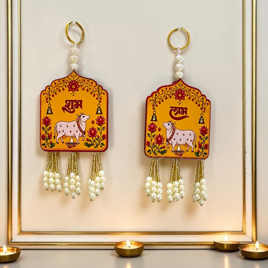 🐄 Divine Kamdhenu Cow Shubh Labh Pichwai Door Side Hangings (Set of 2) | Code: SP-DH45