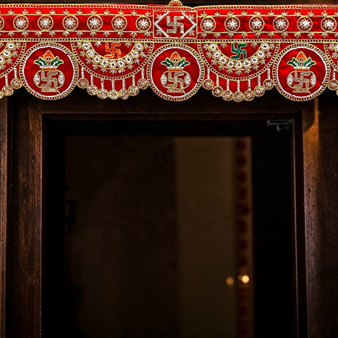 ✨ Shri Poshak Traditional Velvet Shubh Labh & Kalash Door Hanging Toran (SP-SPT-51) – 38" x 7" Inches ✨