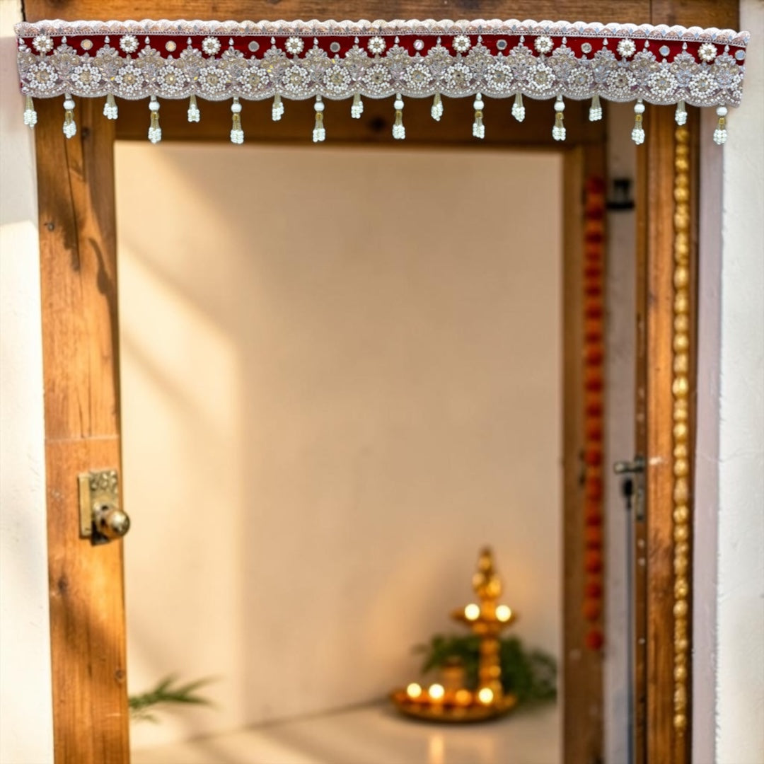 Shri Poshak Premium Royal Red Velvet Door Toran with Pearl Drops & Zardozi Embroidery SPT-32 (42 Inches)