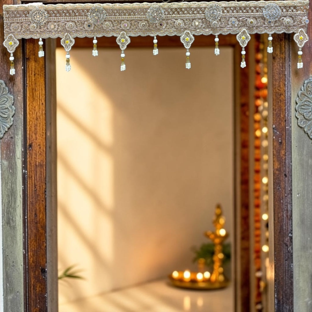 Shri Poshak Royal Golden Net Lace Door Toran with Pearl Tassels & Diamond Motifs SPT-33 (42 Inches)