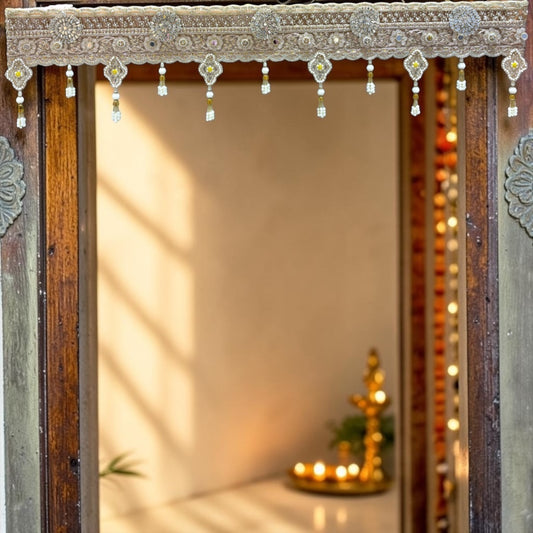 Shri Poshak Royal Golden Net Lace Door Toran with Pearl Tassels & Diamond Motifs SPT-33 (42 Inches)