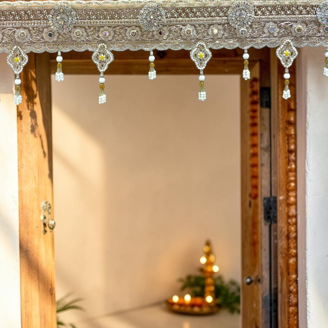Shri Poshak Royal Golden Net Lace Door Toran with Pearl Tassels & Diamond Motifs SPT-33 (42 Inches)