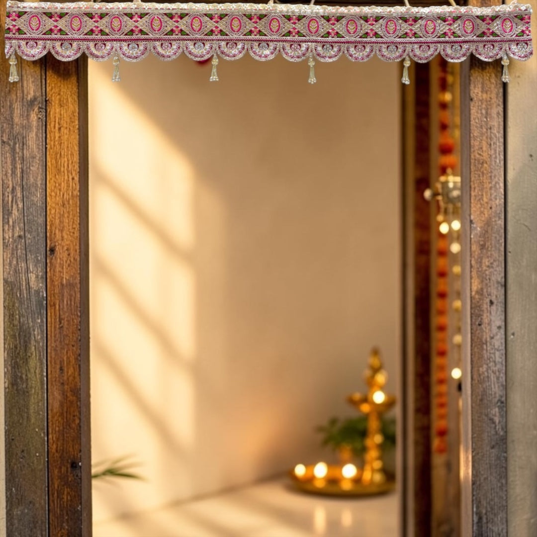 Shri Poshak Traditional Pink & Gold Embroidered Door Toran with Scalloped Lace & Beaded Tassels SPT-34 (42 Inches)