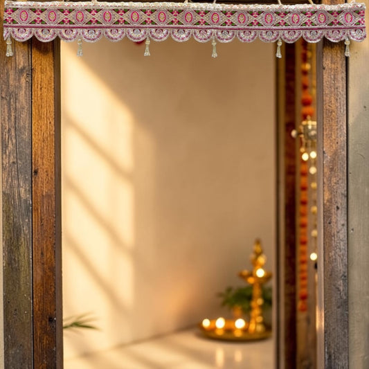 Shri Poshak Traditional Pink & Gold Embroidered Door Toran with Scalloped Lace & Beaded Tassels SPT-34 (42 Inches)