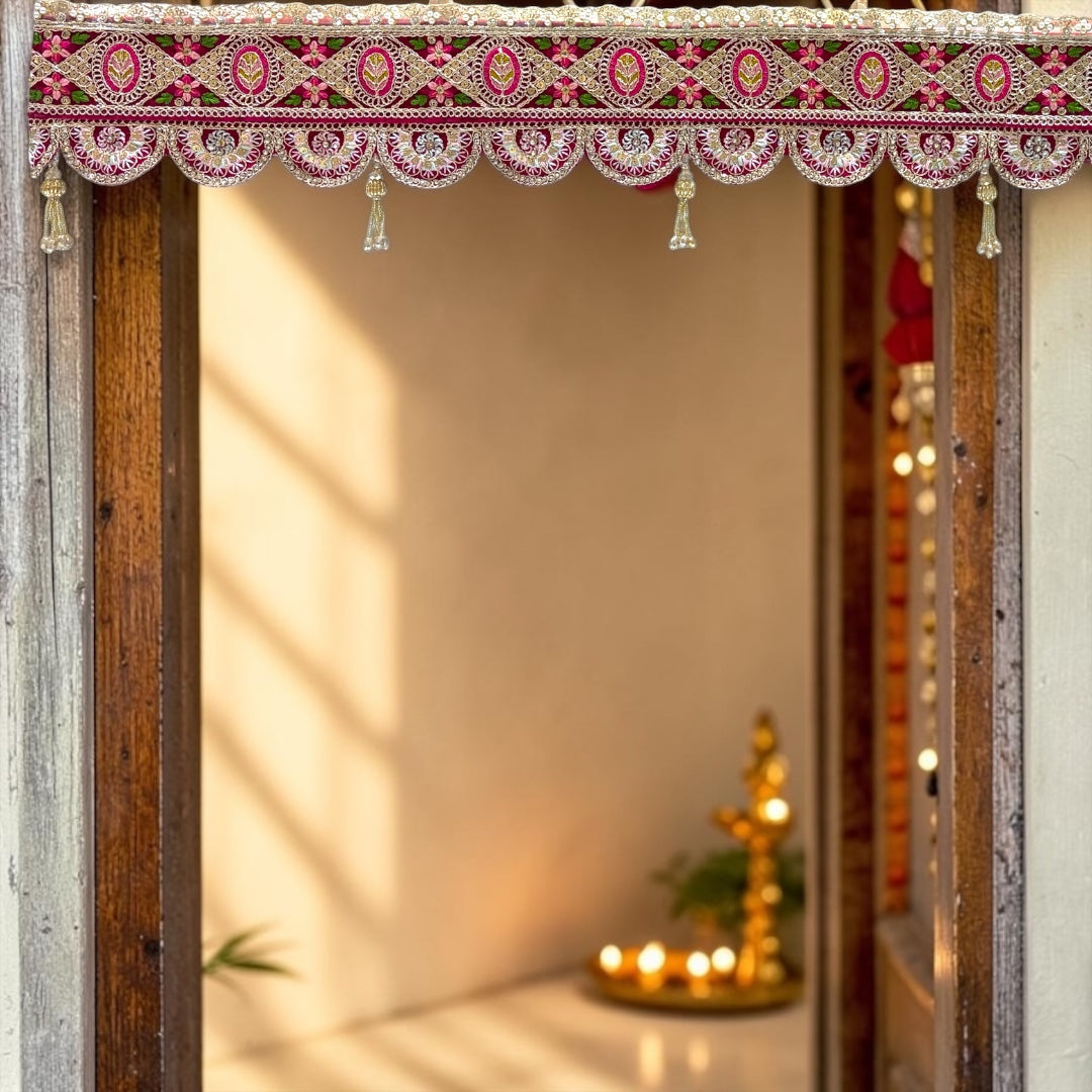 Shri Poshak Traditional Pink & Gold Embroidered Door Toran with Scalloped Lace & Beaded Tassels SPT-34 (42 Inches)