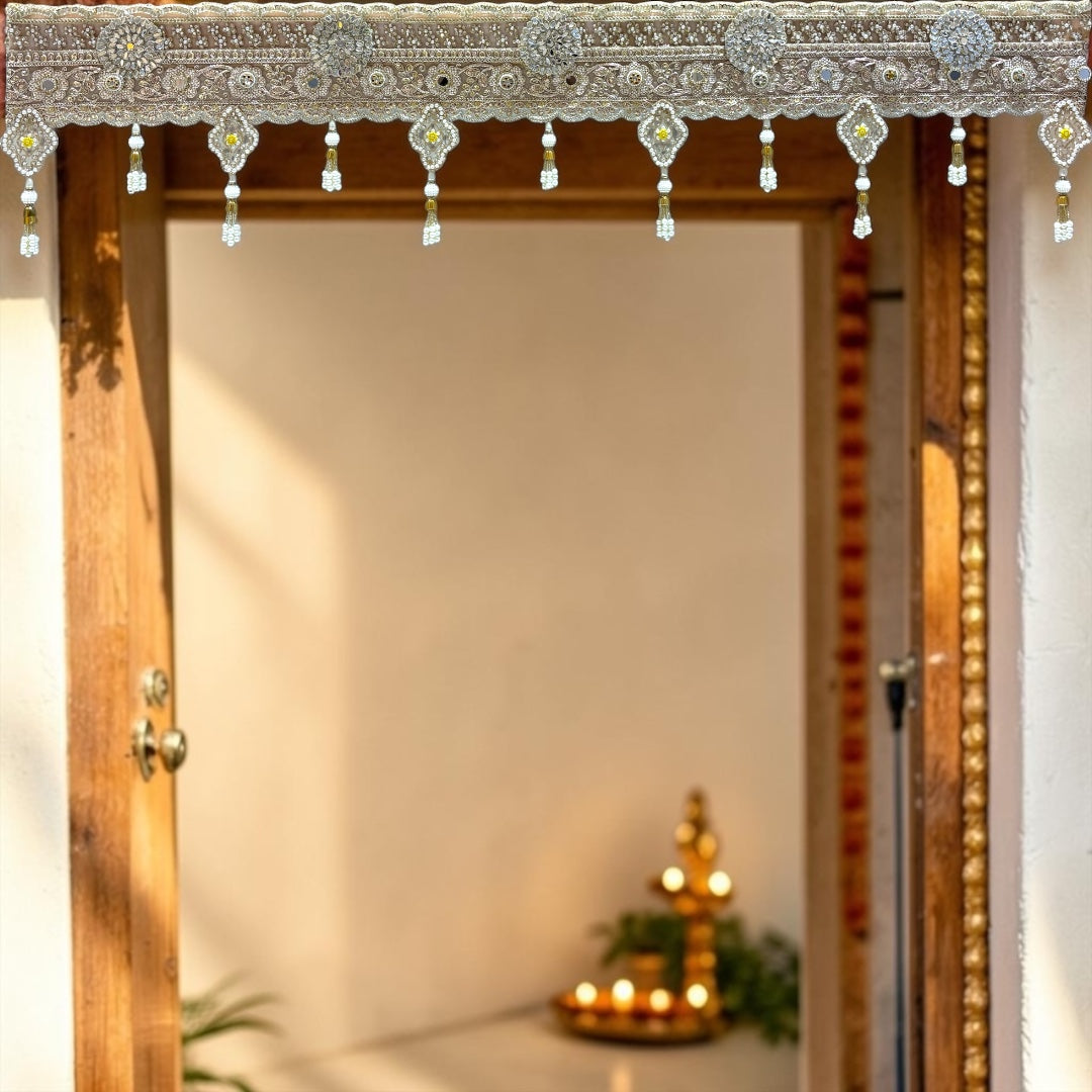 Shri Poshak Royal Golden Net Lace Door Toran with Pearl Tassels & Diamond Motifs SPT-33 (42 Inches)