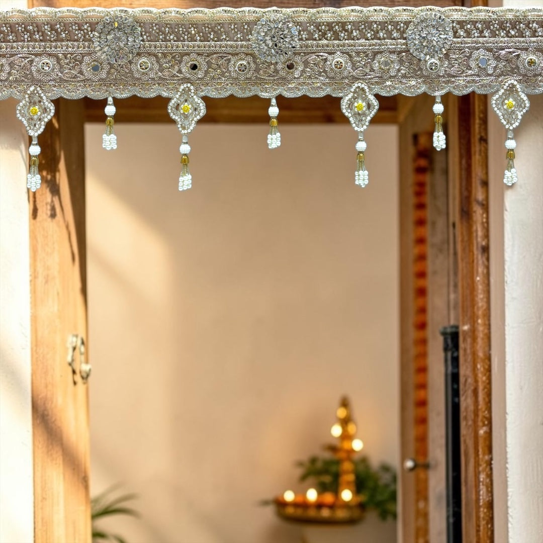 Shri Poshak Royal Golden Net Lace Door Toran with Pearl Tassels & Diamond Motifs SPT-33 (42 Inches)