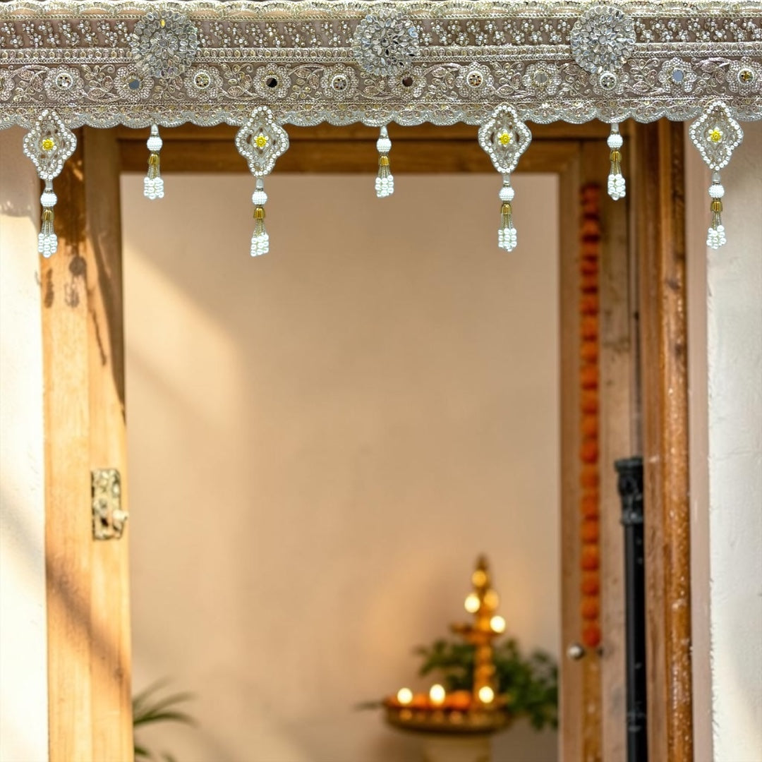 Shri Poshak Royal Golden Net Lace Door Toran with Pearl Tassels & Diamond Motifs SPT-33 (42 Inches)