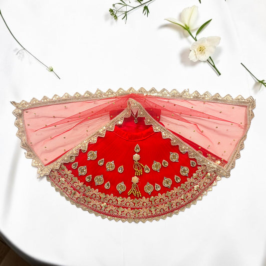 Exquisite Navratri Special Mata Rani Red Net Poshak 3-Piece Set (Lehenga, Blouse & Chunri) with Unique Butti Work – Code: SP-169