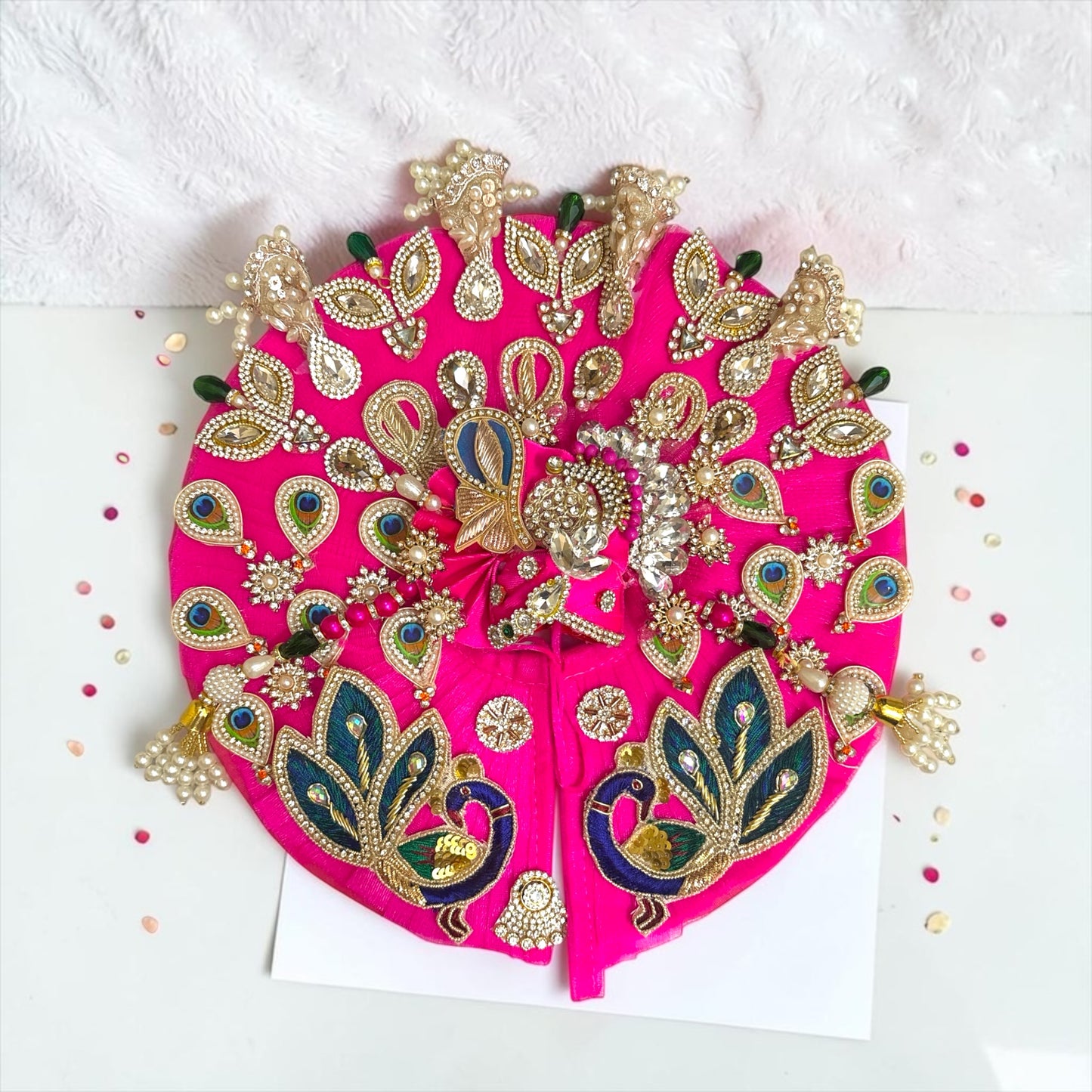 Janmashtami Special Designer Laddu Gopal Ji Peacock Poshak (SP-G89) – Royal Rani Pink Heavy Kundan & Zardozi Dress
