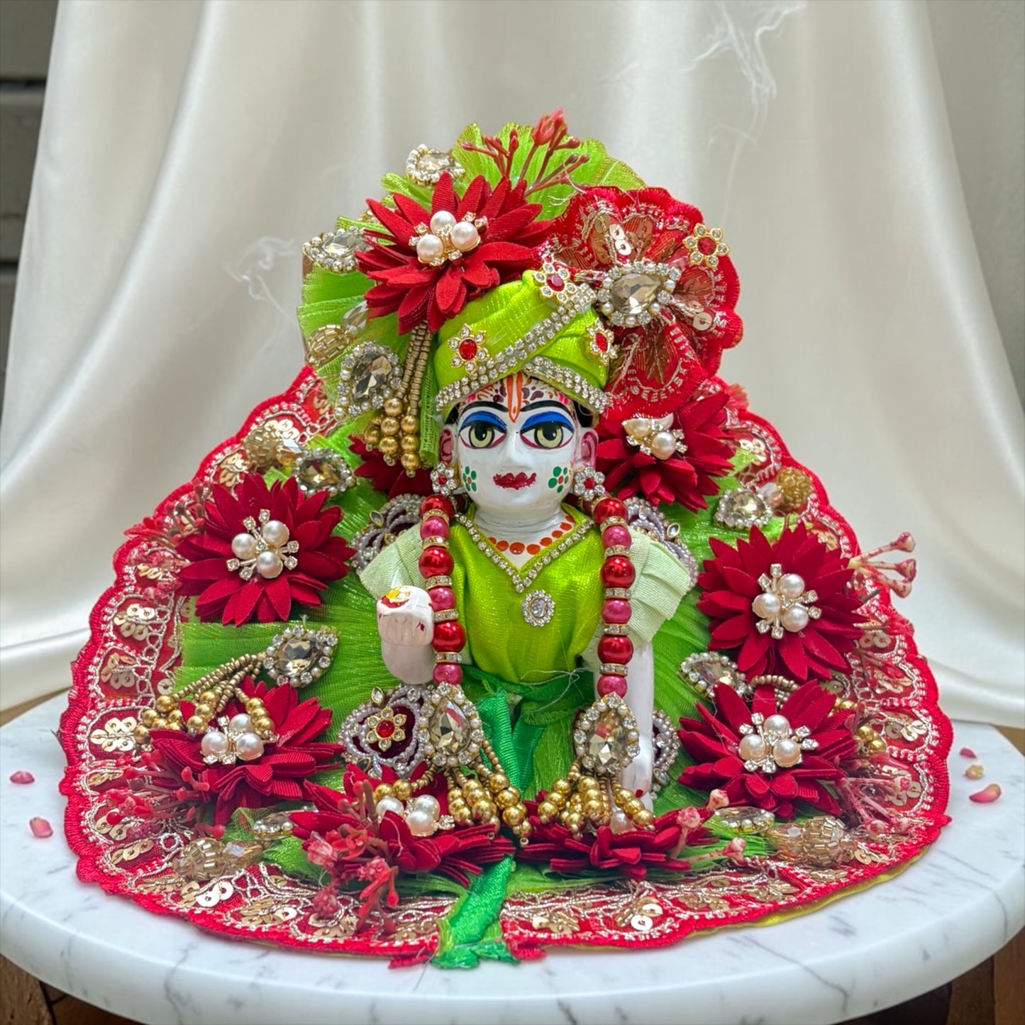 Premium Janmashtami Special Laddu Gopal Ji Heavy Designer Poshak SP-I34 - Vibrant Green & Royal Red Floral Edition