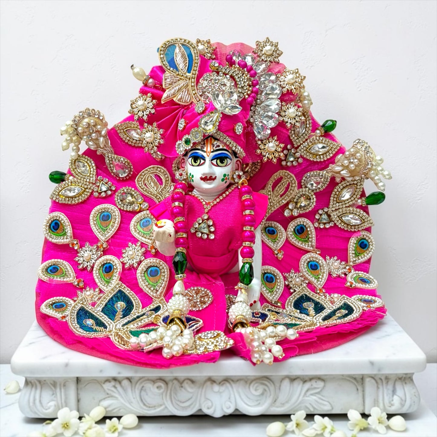Janmashtami Special Designer Laddu Gopal Ji Peacock Poshak (SP-G89) – Royal Rani Pink Heavy Kundan & Zardozi Dress