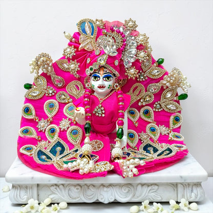 Janmashtami Special Designer Laddu Gopal Ji Peacock Poshak (SP-G89) – Royal Rani Pink Heavy Kundan & Zardozi Dress