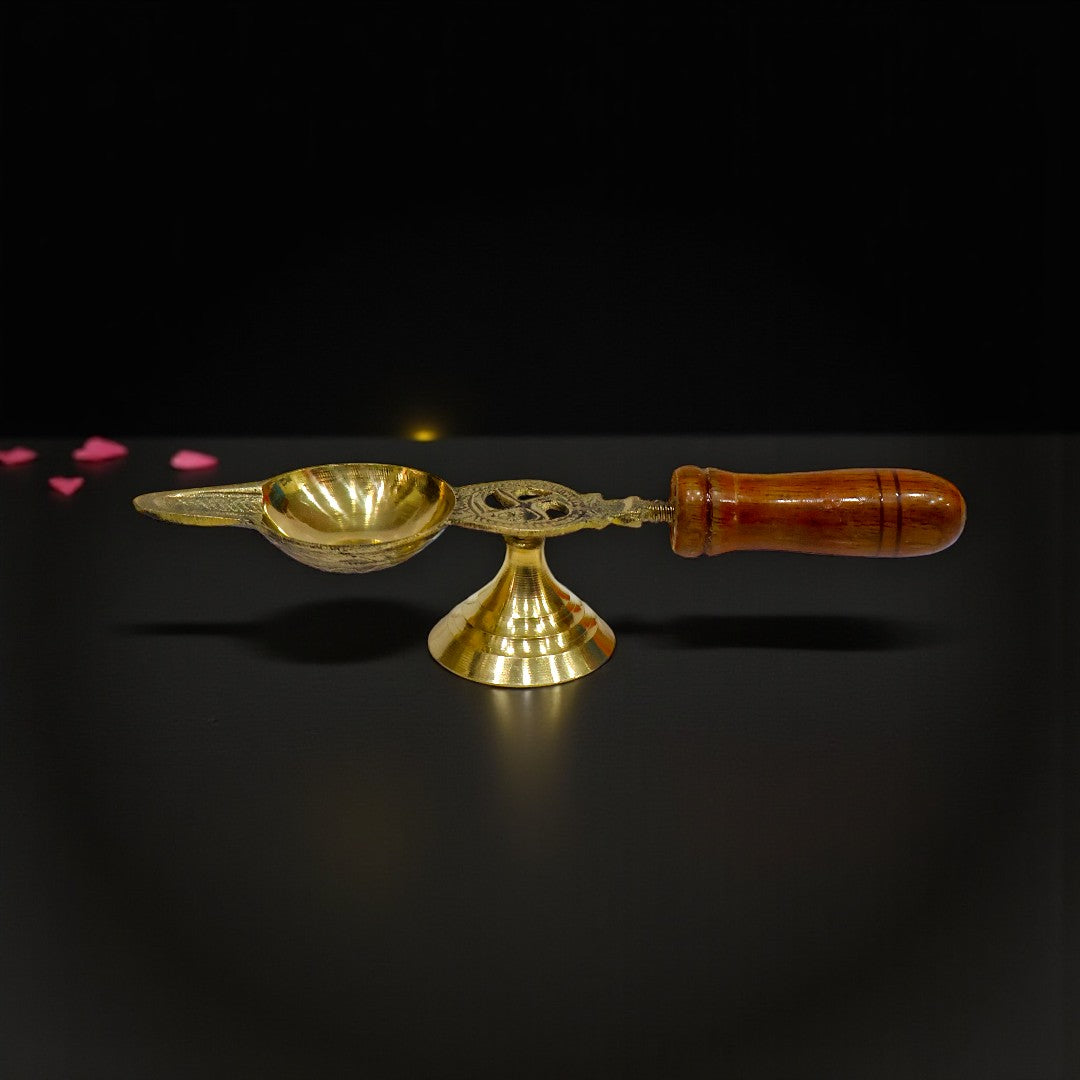 Elegant Standing Brass Aarti Diya with Heat-Resistant Wooden Handle